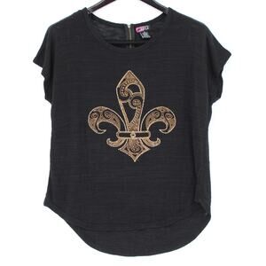 Lipstick Shirt Womens XL Black Fleur-de-Lis Rhinestone Embellished Top Graphic